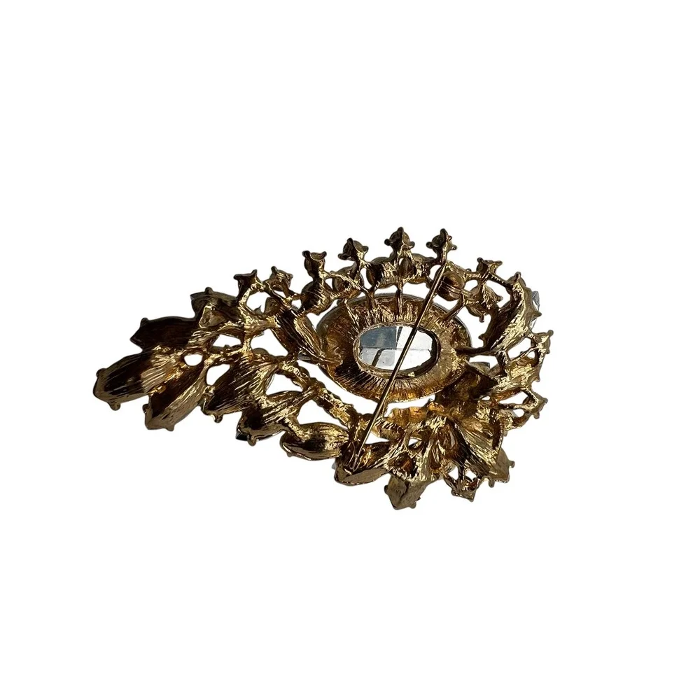 Vintage‎ Topaz Rhinestone Brooch Large Gold Statement Amber Glass Pin